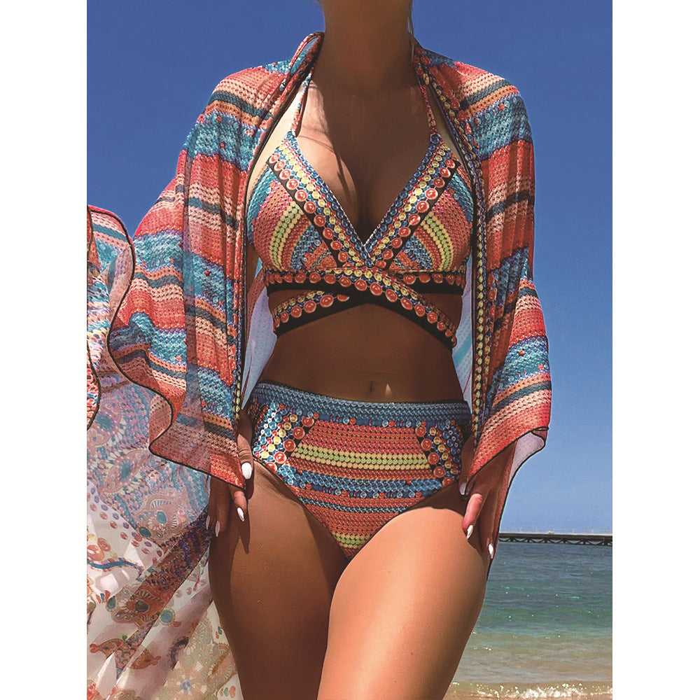 Bikini Cross Bandage Swimsuit High Waist Veils Split Three-piece Suit