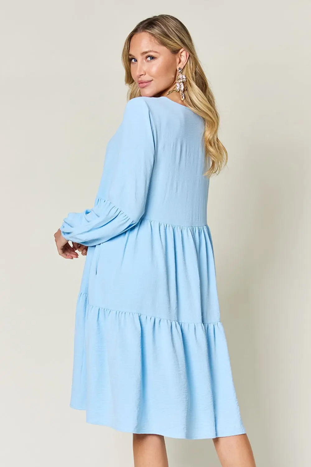 Double Take Full Size V-Neck Balloon Sleeve Tiered Dress with Pockets - Image #28