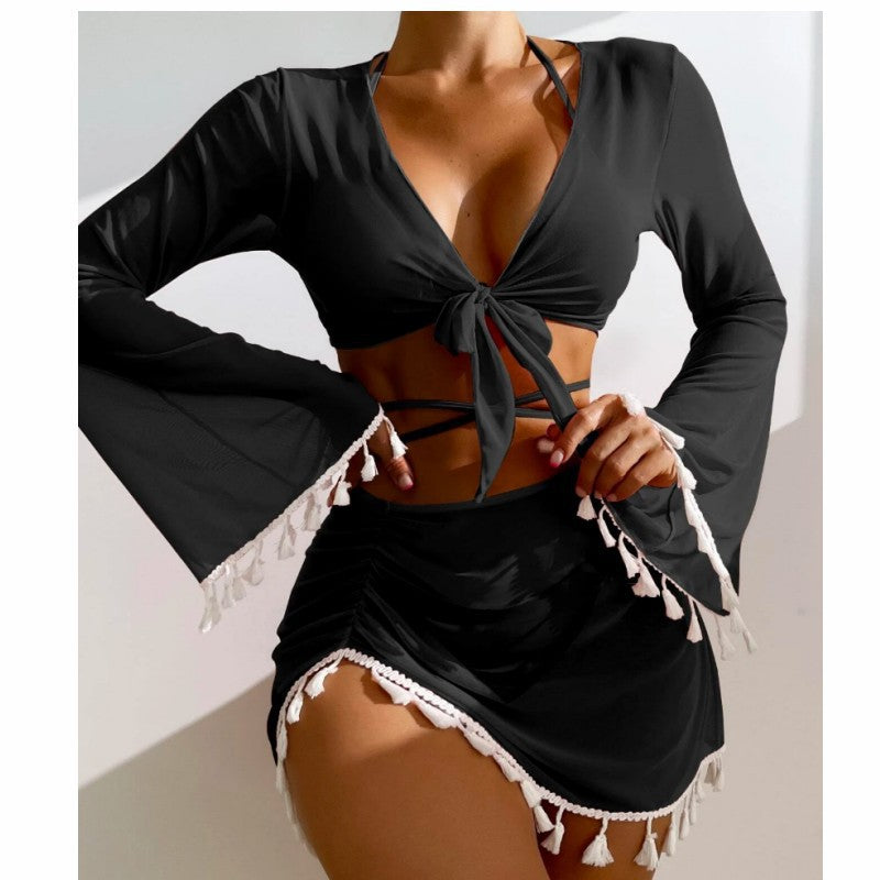 Conservative Four-piece Solid Color Tassel Blouse Mesh Skirt Bikini Swimsuit