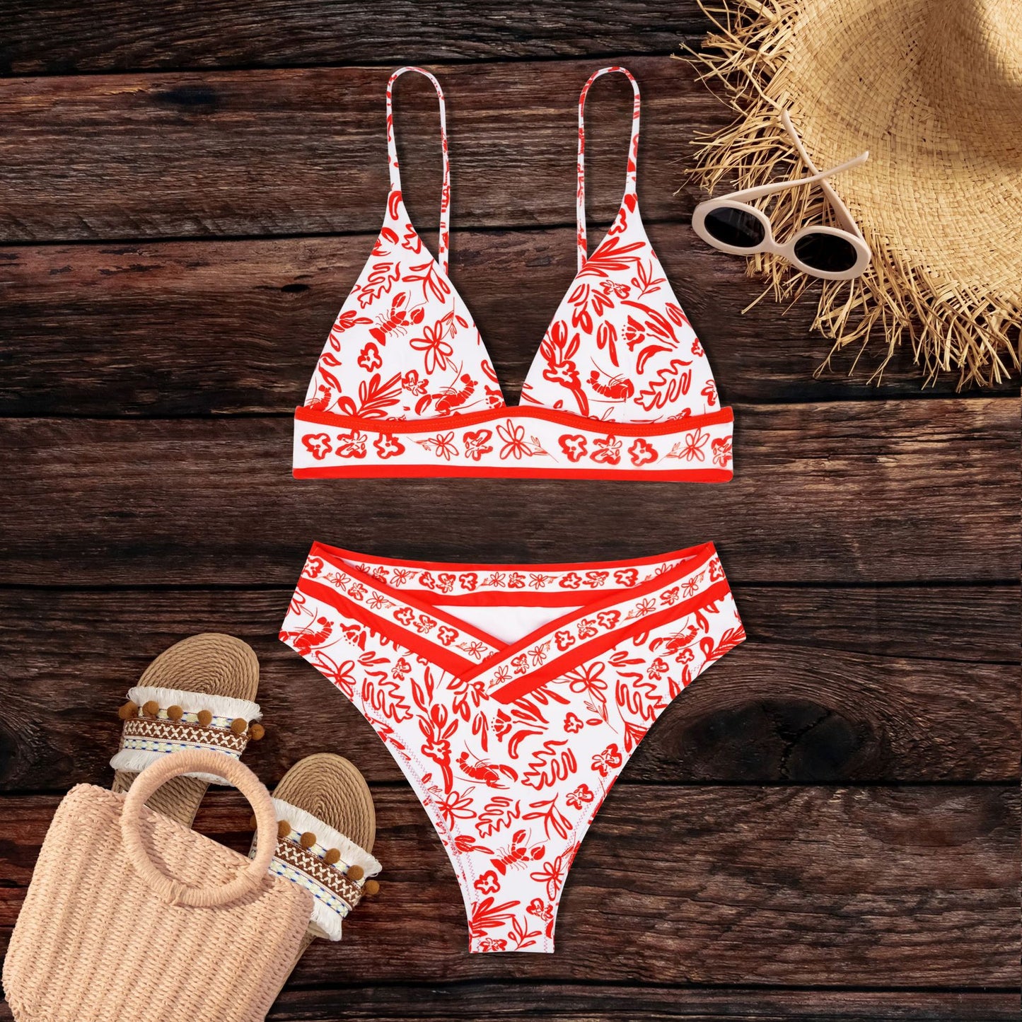 Women's Orange Printed Split Swimsuit Bikini