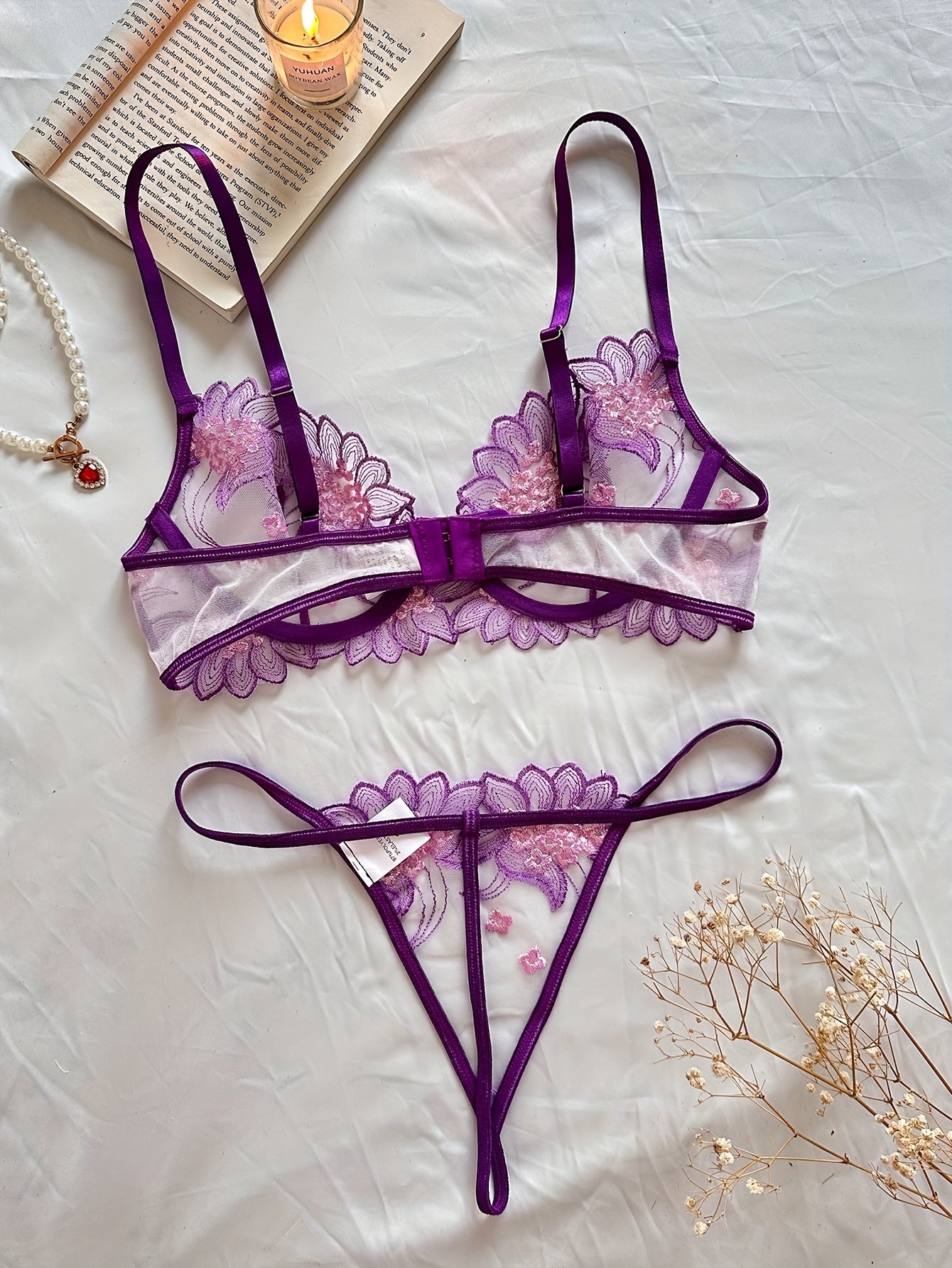 Floral Lace Lingerie Set, Sheer Unlined Bra & Mesh Thong, Women's Sexy Lingerie & Underwear