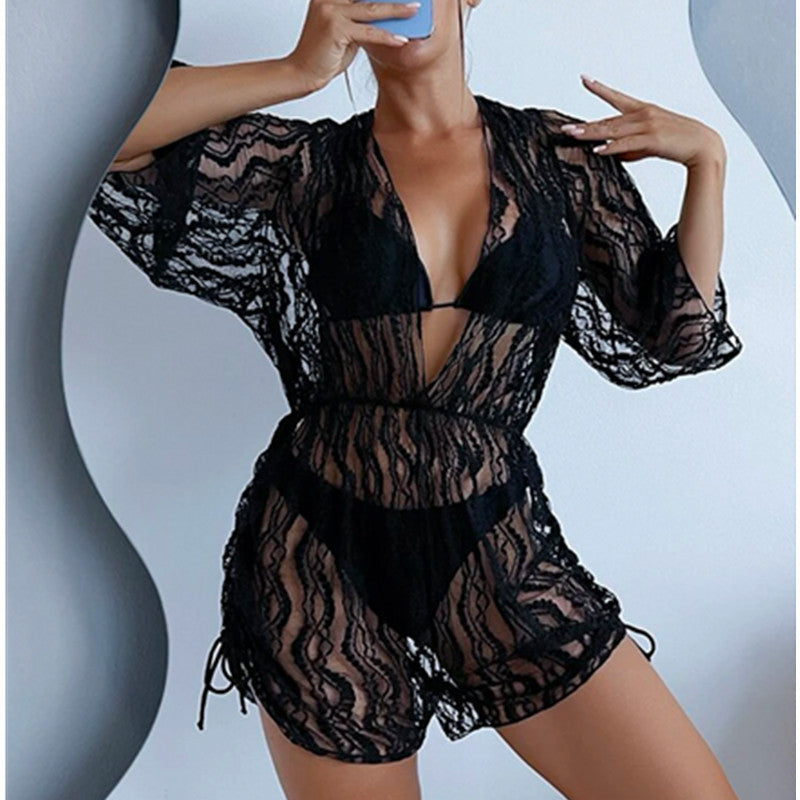 Long Sleeved Net Yarn Swimsuit Women's Draw Rope Sunscreen Smock Three-piece Bikini