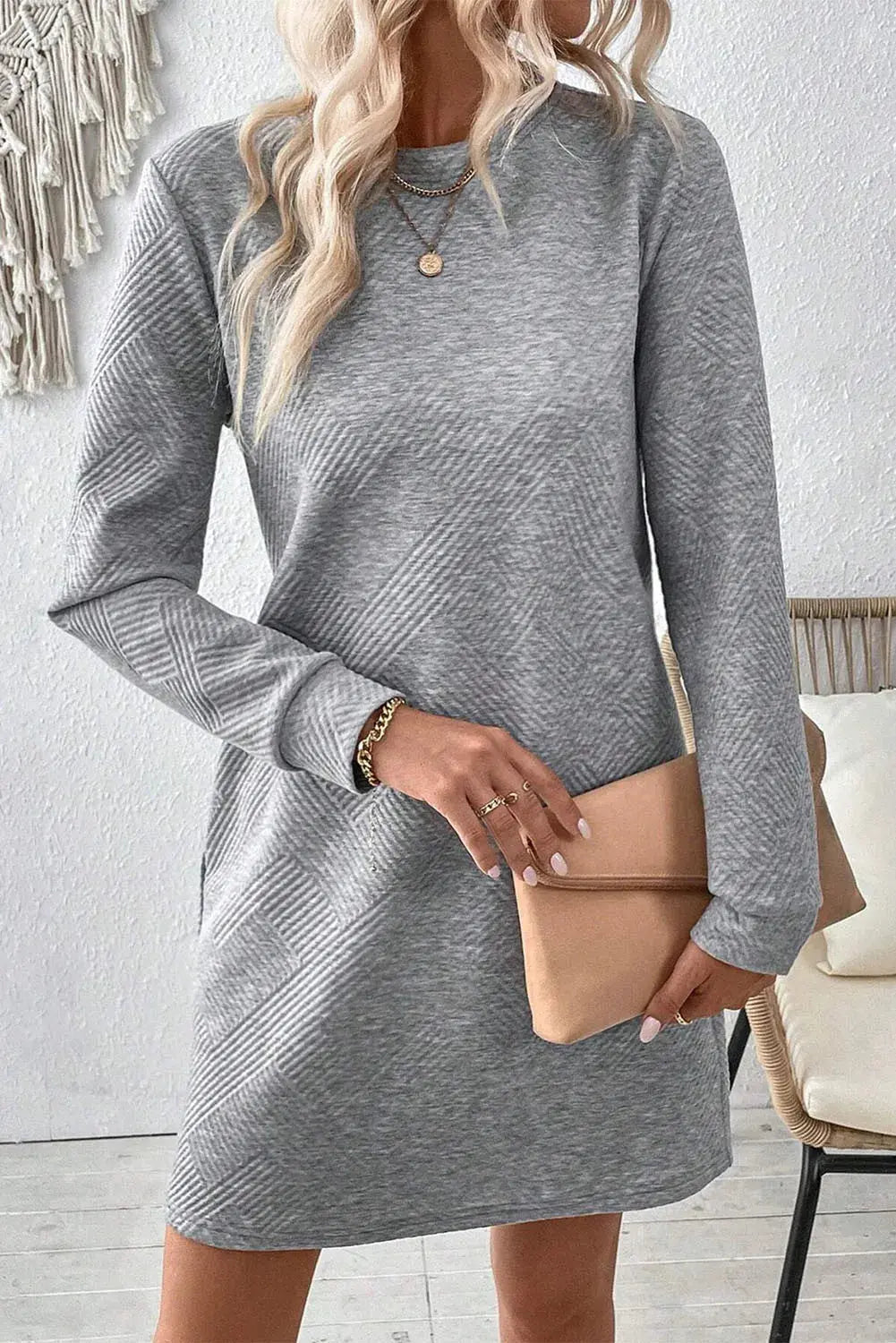 Textured Round Neck Long Sleeve Mini Dress - Image #2