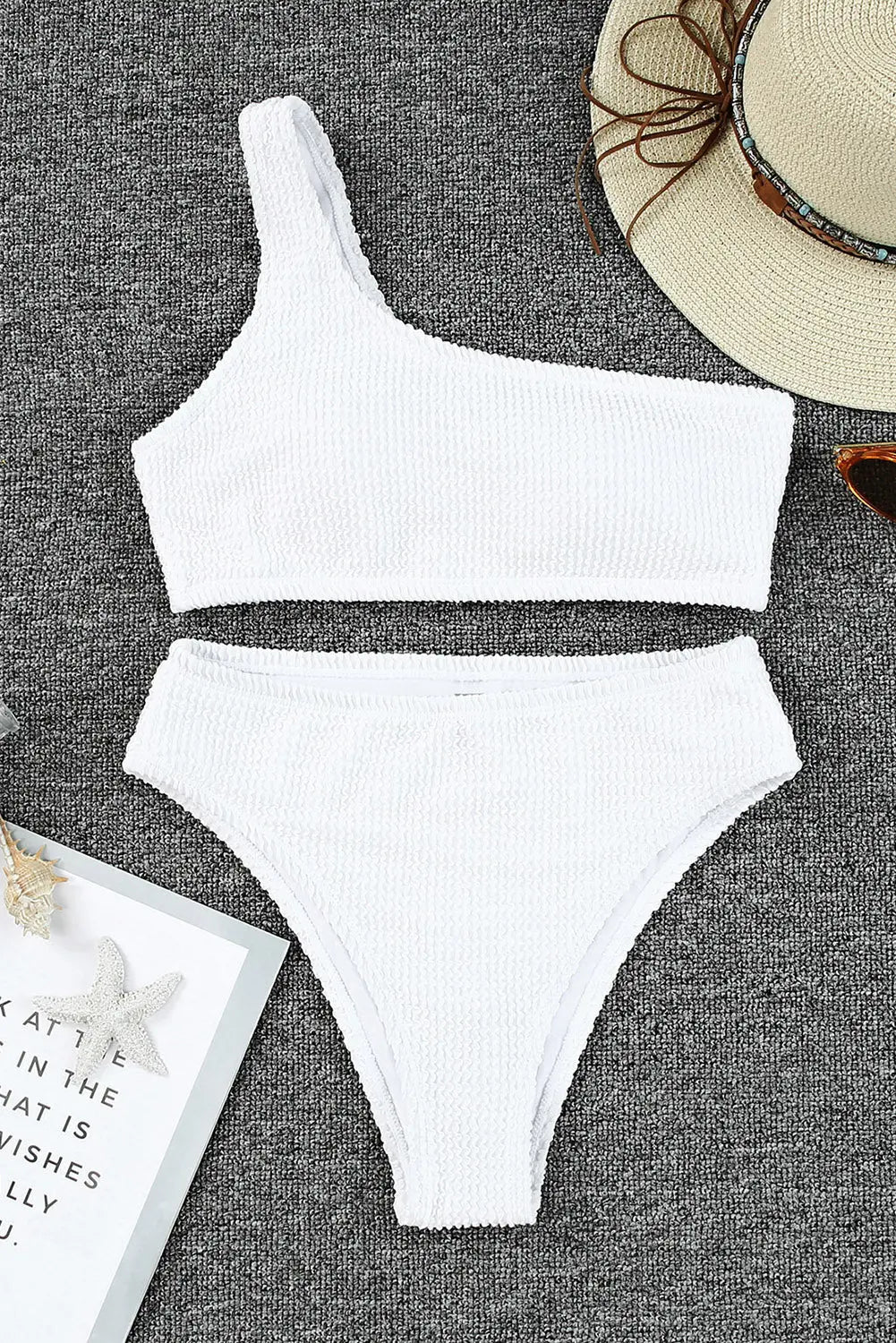 White Crinkle Textured Asymmetric One Shoulder Bikini Swimsuit - Image #7