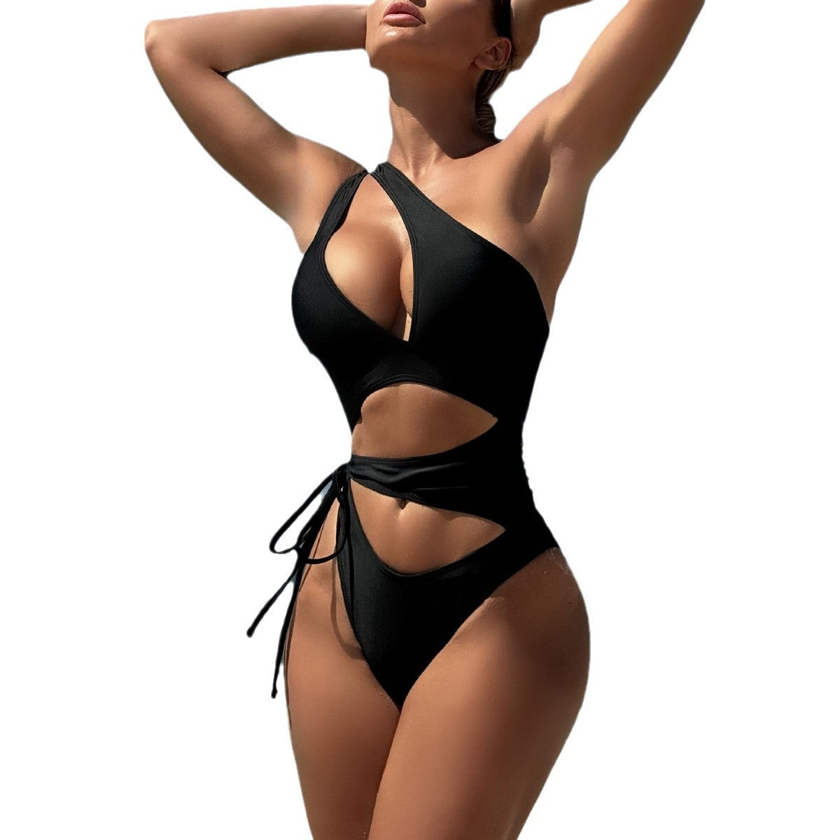Solid Color Hollow Drawstring Strap Swimsuit Bikini