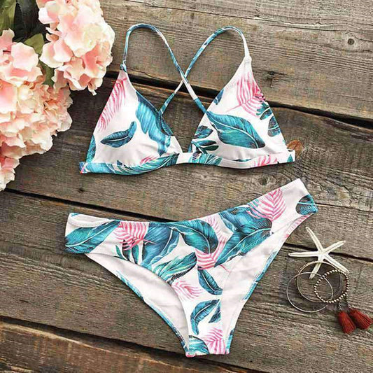 Leaf Print Lace Split Bikini Ladies Swimsuit