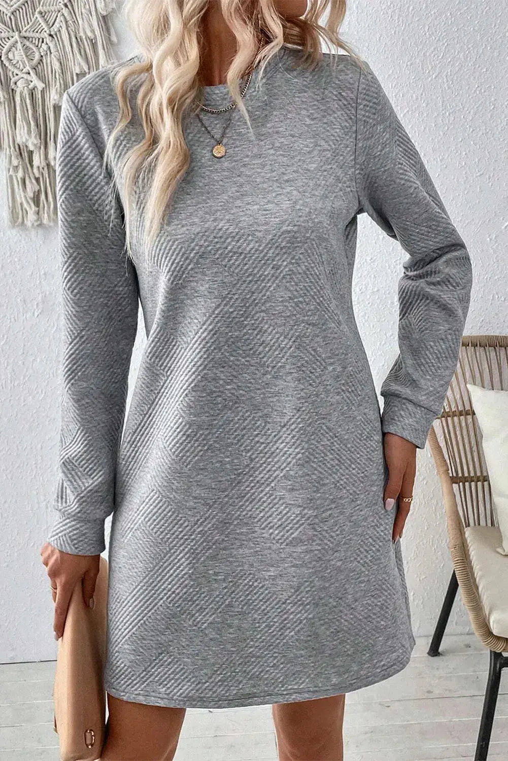 Textured Round Neck Long Sleeve Mini Dress - Image #3