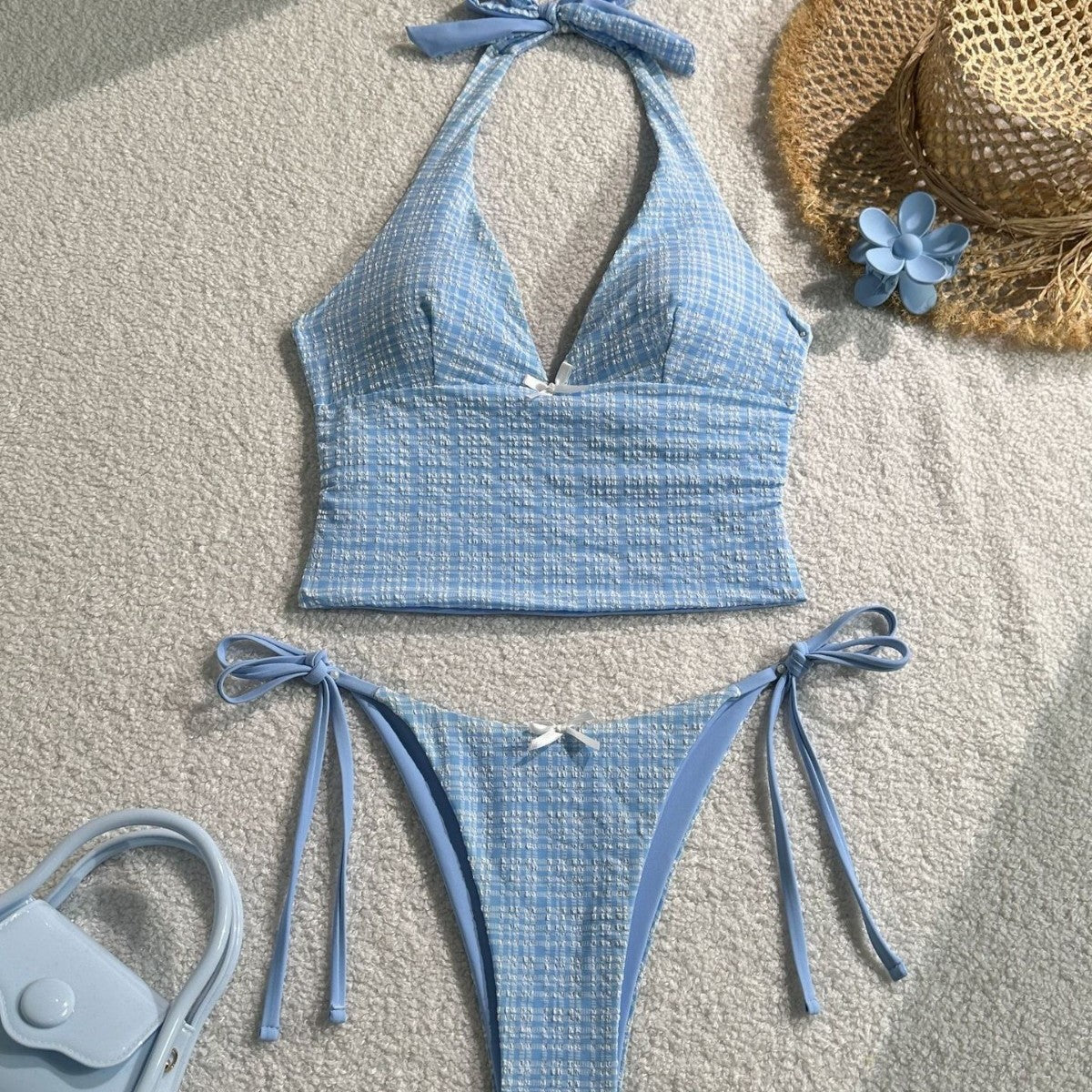 Plaid Collar Sleeveless Slim Fit Top Drawstring Short Lace Pants  Swimsuit
