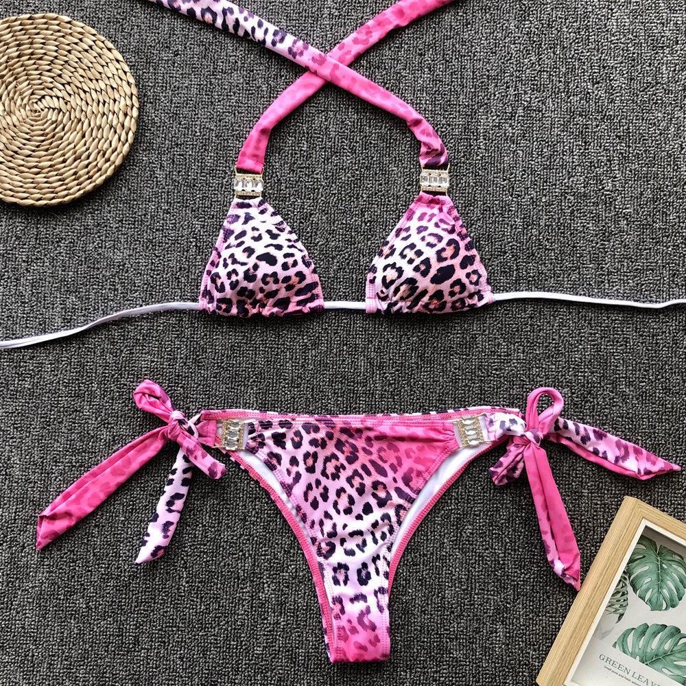 Pink Leopard Print Split Bikini