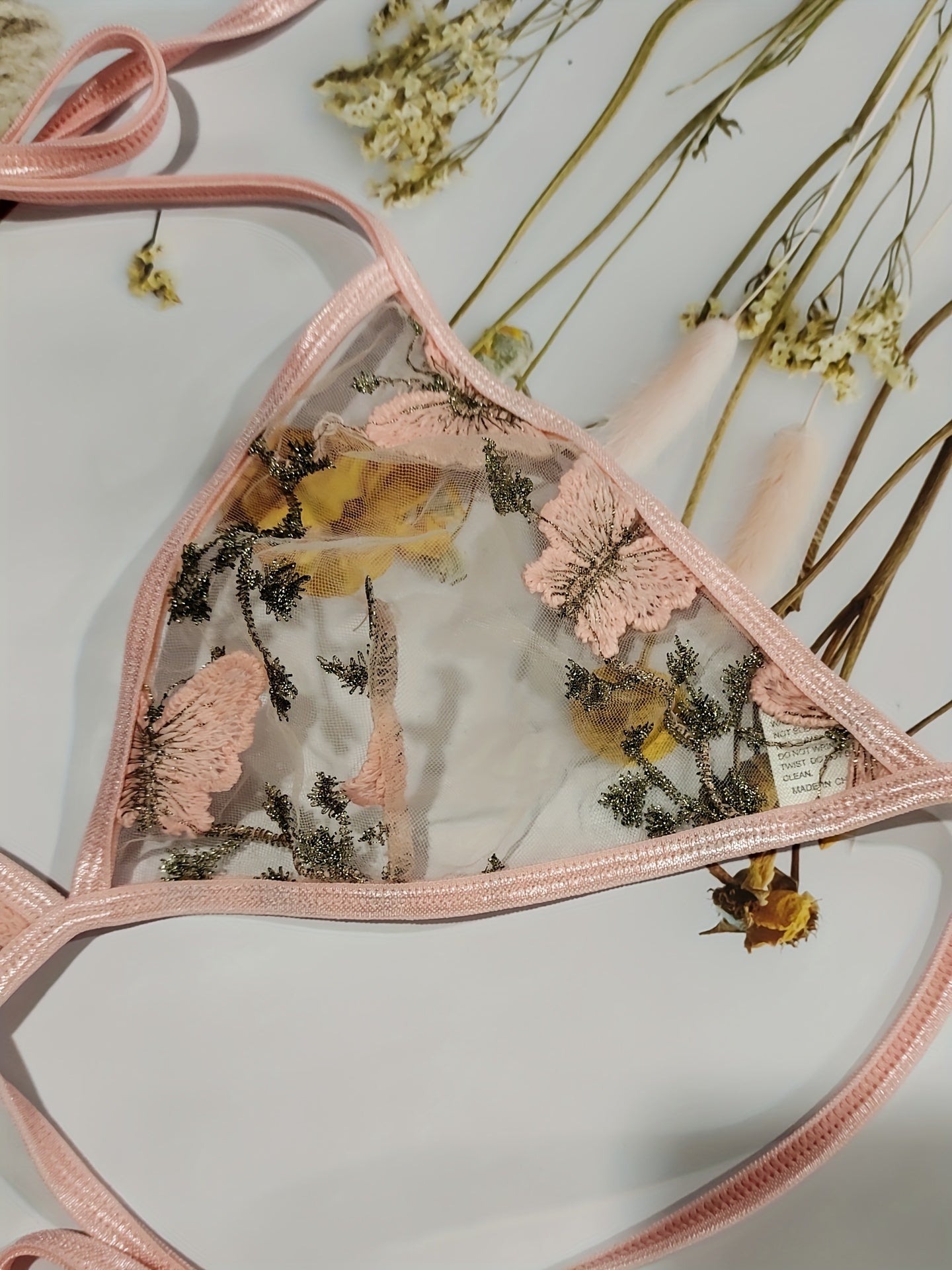 Floral Embroidery Lingerie Set, Halter Unlined Mesh Bra & Lace Up Thong, Women's Sexy Lingerie & Underwear