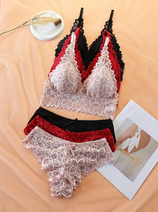 3 Sets Floral Lace Bra & Panties, Wireless Push Up Bra & Bow Tie Panties Lingerie Set, Women's Lingerie & Underwear - Image #1