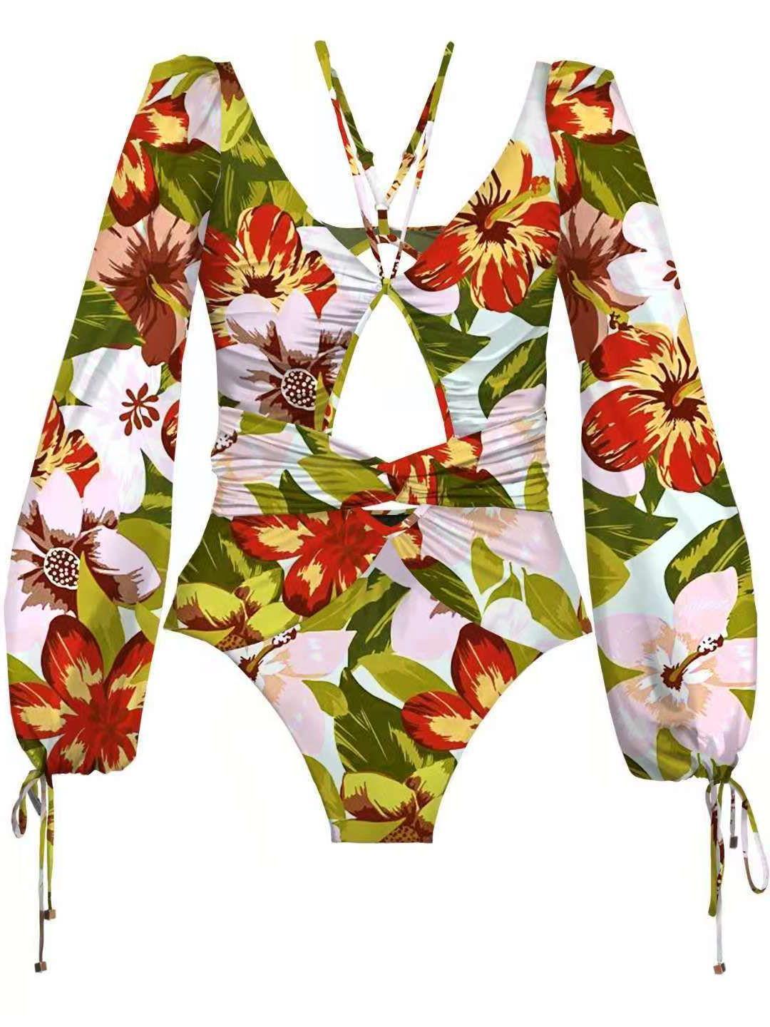 One Piece Print Bikini Women's Long Sleeve Swimsuit