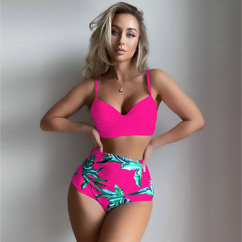 Steel Bracket Push Up High Waist Slim And Sexy Printed Split Bikini