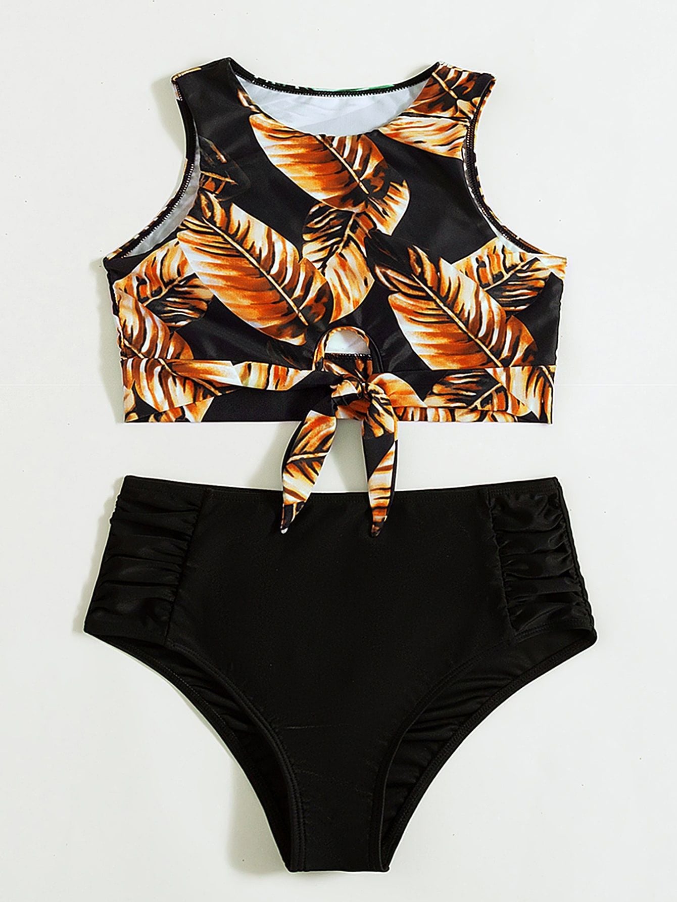 Leaf Print Bikini Women's High Waist Tank Top Split Swimsuit