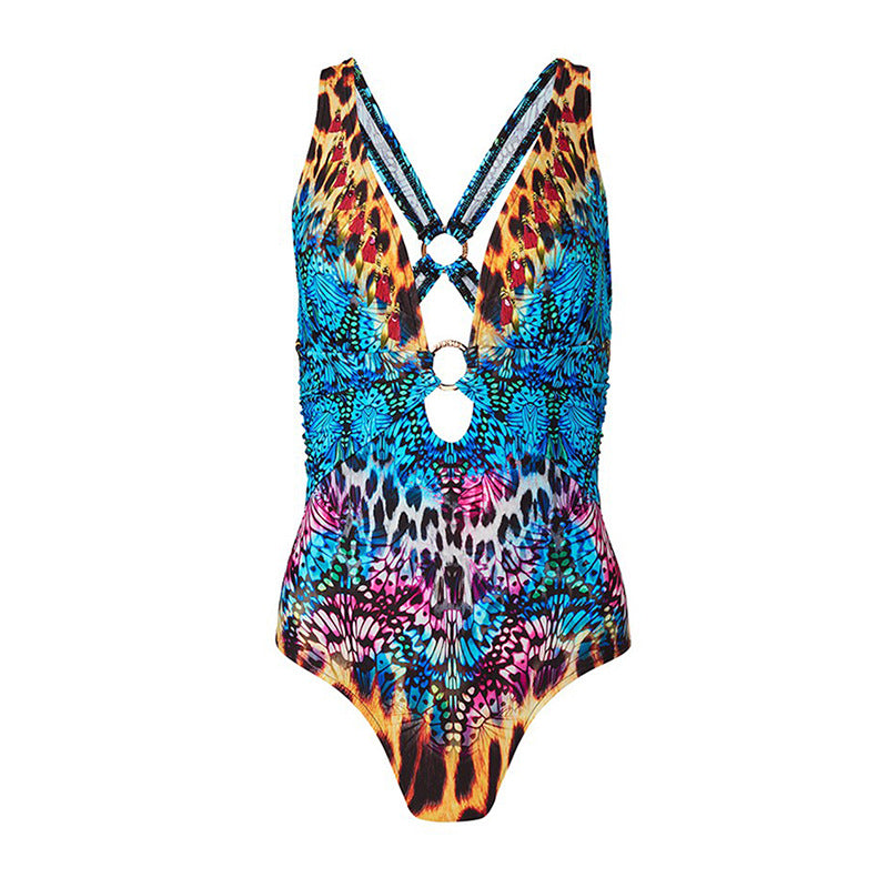 Printed Deep V Crossover Backless Bikini