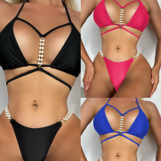 Solid Color Lace-up T-back Bikini