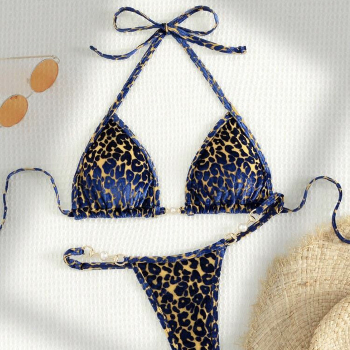 T-shaped Pearl Leopard Special Fabric Swimwear Swimsuit Bikini