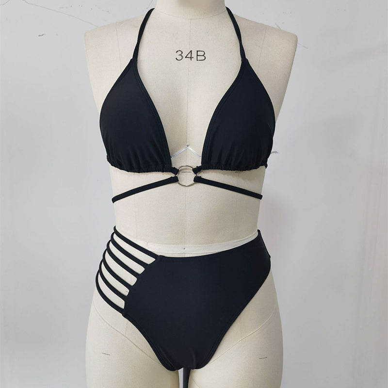 Two-piece Halter Neck Bikini Leopard Print Cutout Strap Swimsuit Set Summer Beach Womens Clothing - Peek A Boo Undies