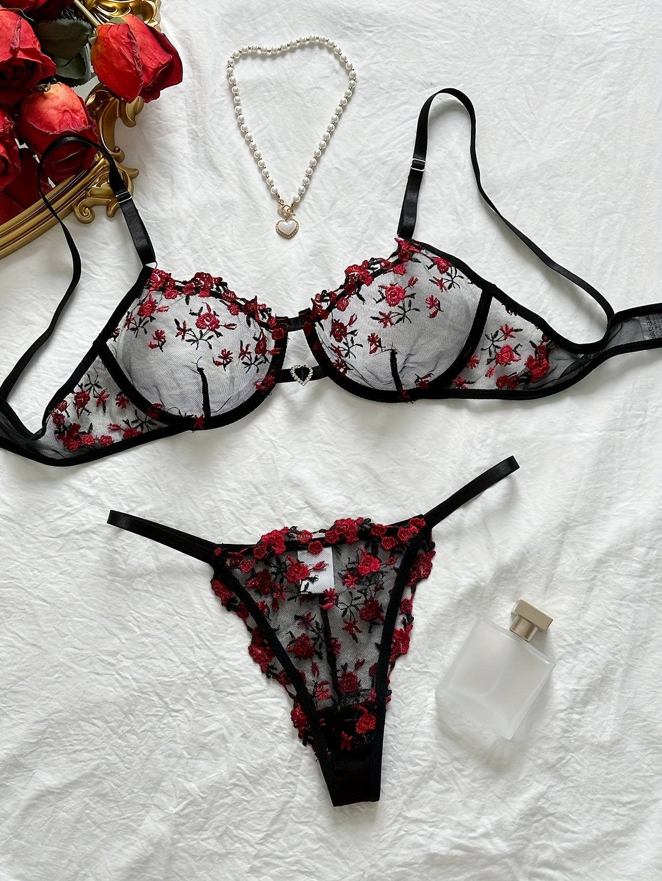 Floral Embroidery Lingerie Set, Hollow Out Unlined Bra & Sheer Mesh Thong, Women's Sexy Lingerie & Underwear