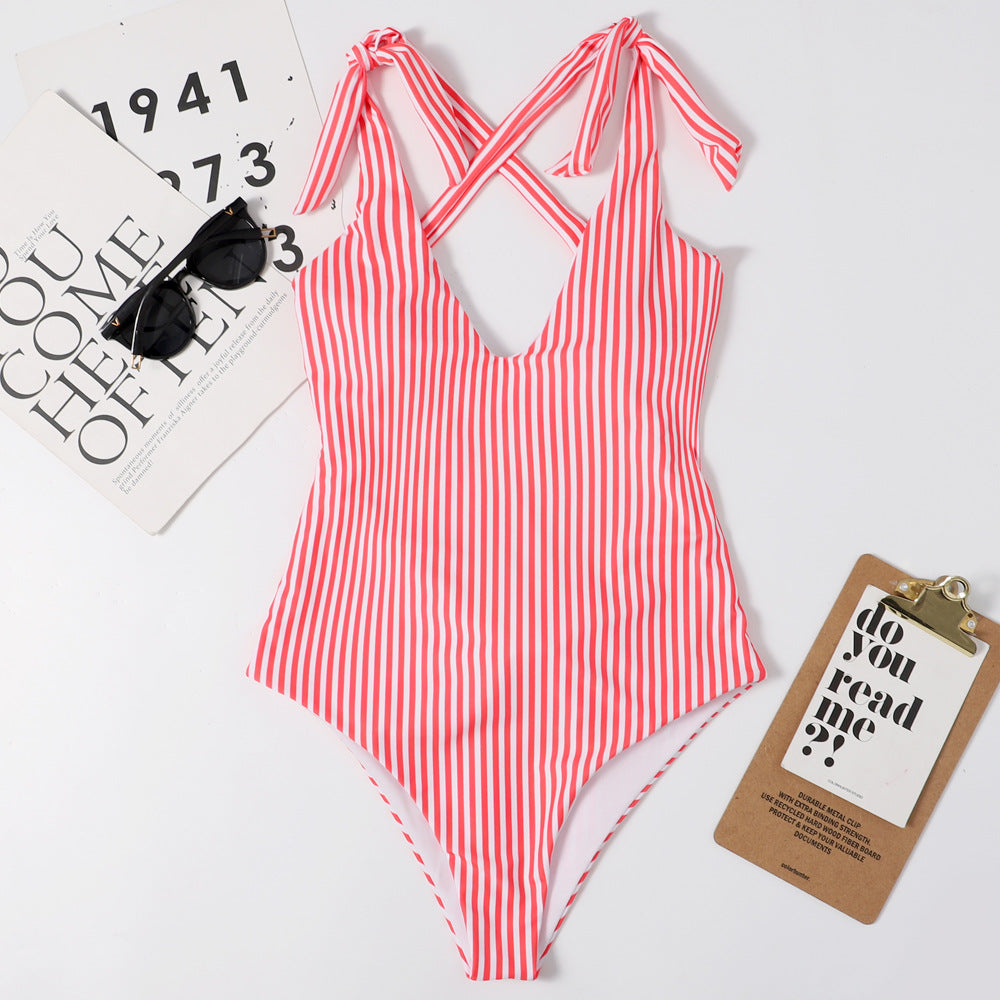 Women's Striped Print Slim One-Piece Swimsuit