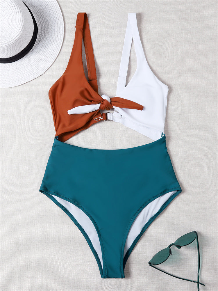 Colorblock Chest Knotted One Piece Swimsuit Two Piece Bikini