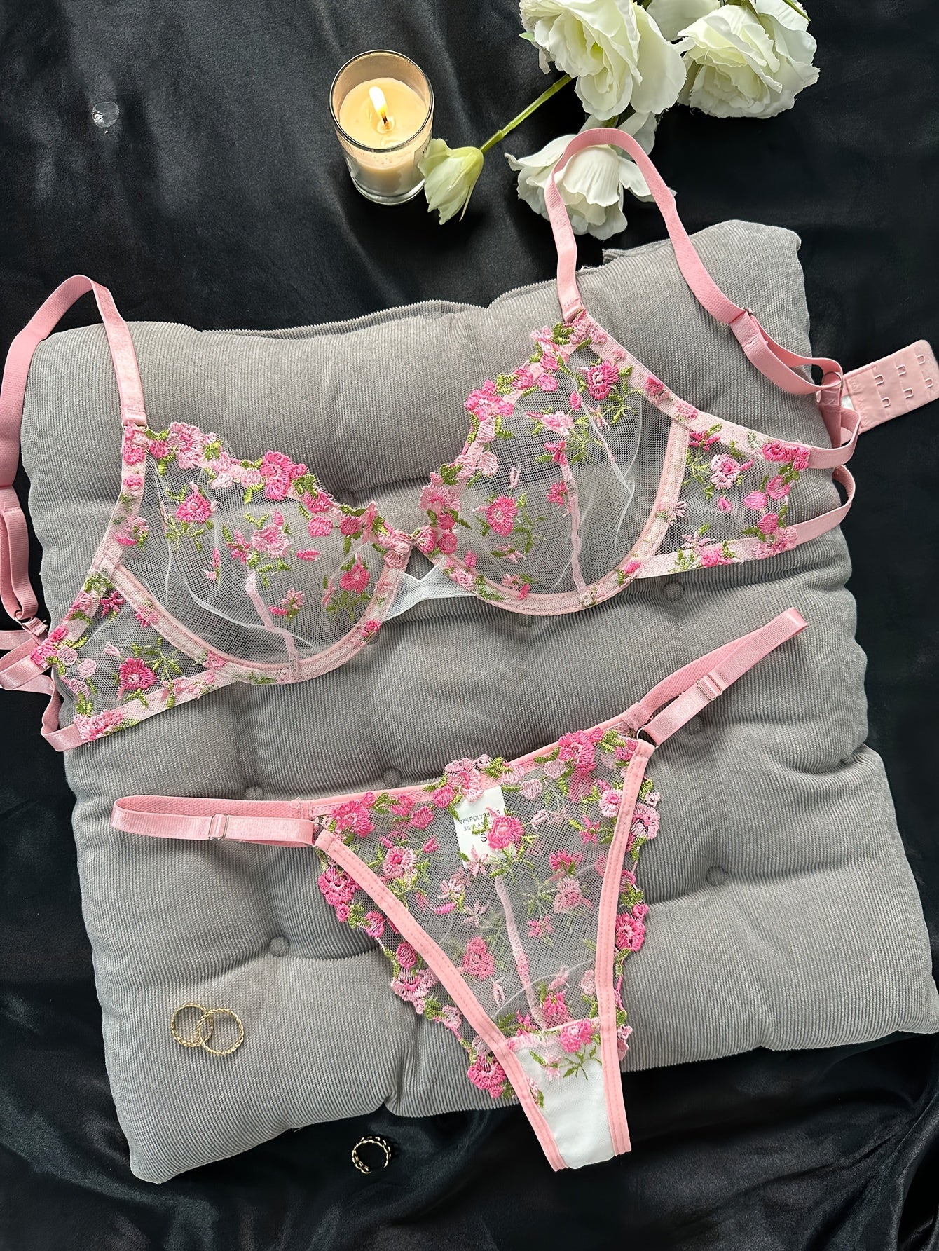 Floral Embroidery Lingerie Set, Cut Out Unlined Bra & Mesh Thong, Women's Sexy Lingerie & Underwear