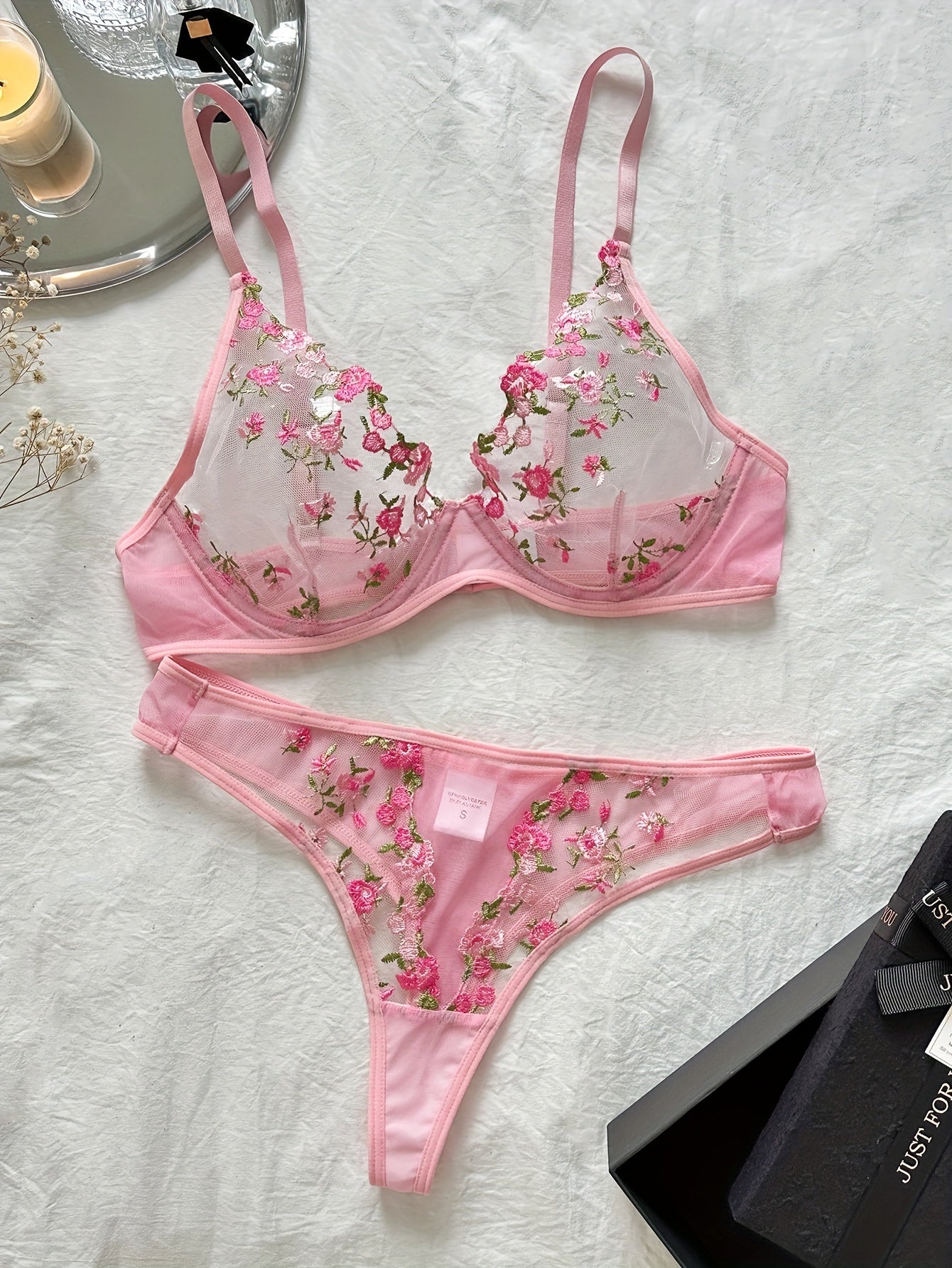 Floral Embroidery Lingerie Set, Mesh Unlined Bra & Thong, Women's Sexy Lingerie & Underwear