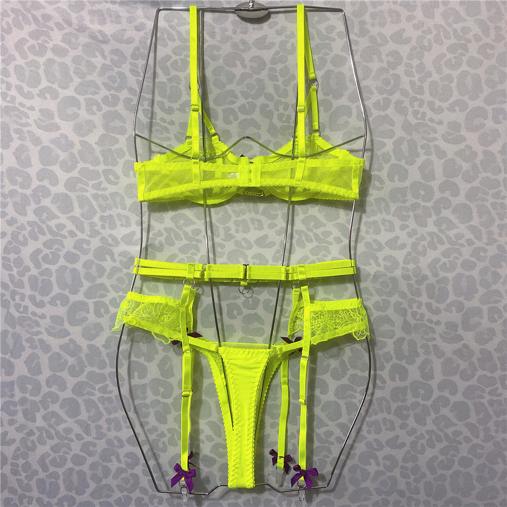 Embroidery Fluorescent Green Perspective Bra Bow Lingerie Set