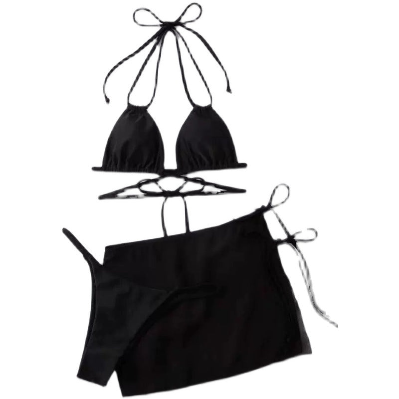 Pure Color Tied Three-piece Bikini Set