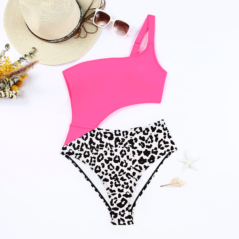 Backless Midriff Outfit Leopard Print One Shoulder Tight Triangle One Piece Swimsuit