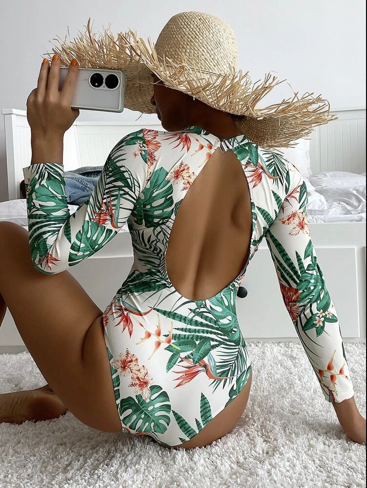 Women's Fashion Conservative Printed Long Sleeve One-piece Swimsuit