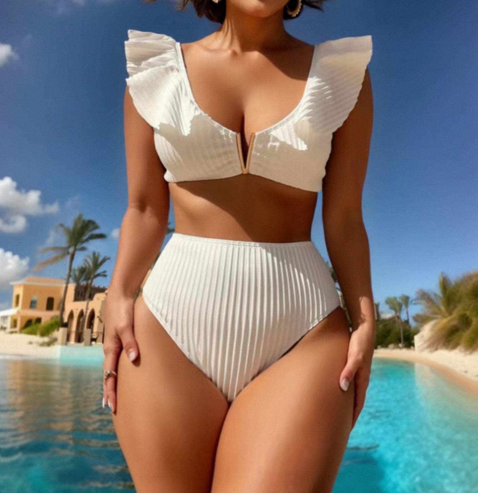 Solid Color Rib Fabric Ruffled Bikini - Peek A Boo Undies