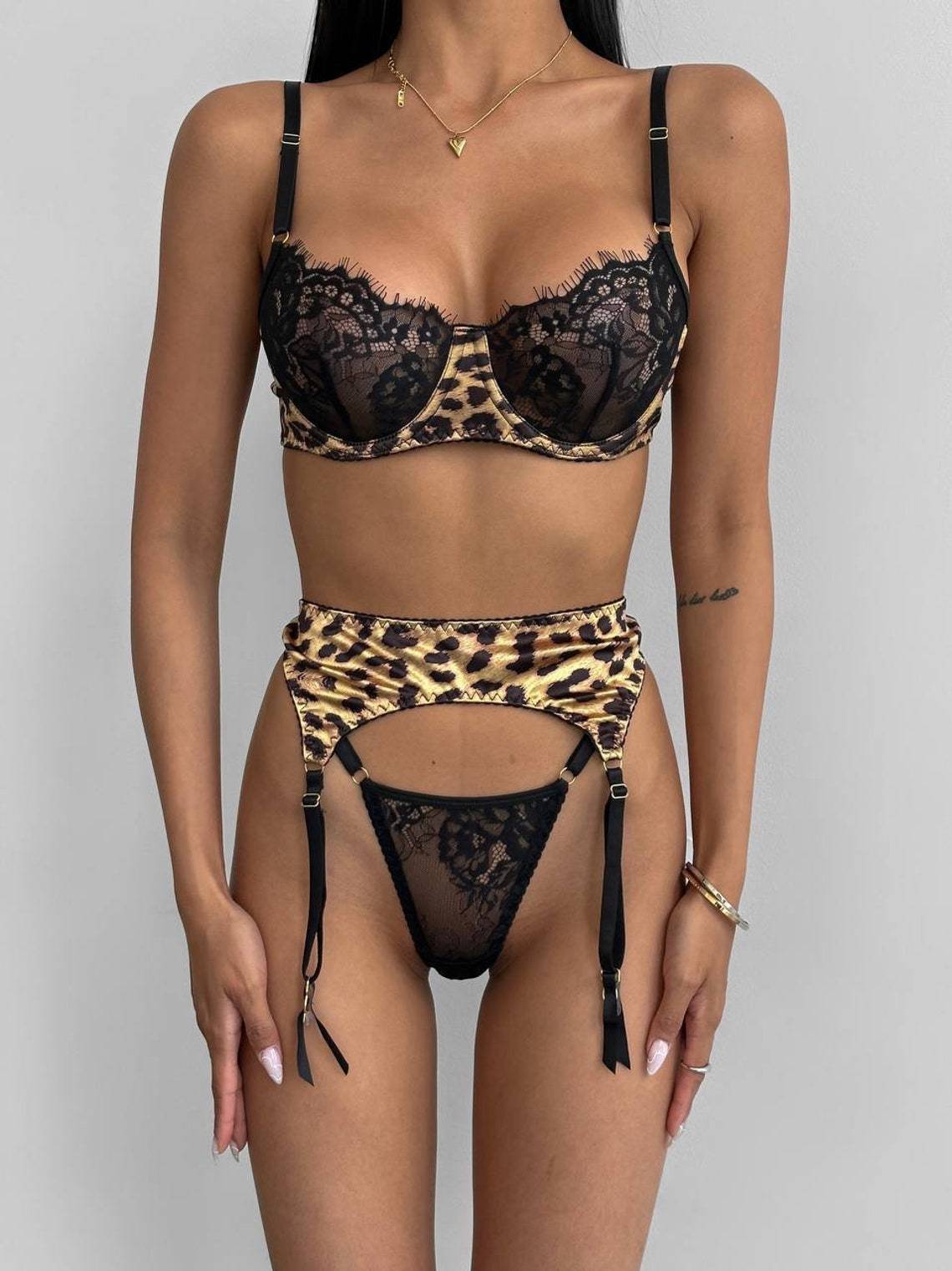 Leopard Print Stitching Lace See-through Lingerie Three-piece Set