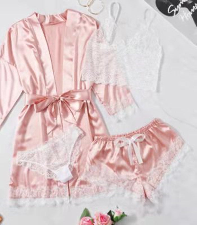 Lingerie Satin Pink Striped Coat Lace Bra Underwear Four-piece Set