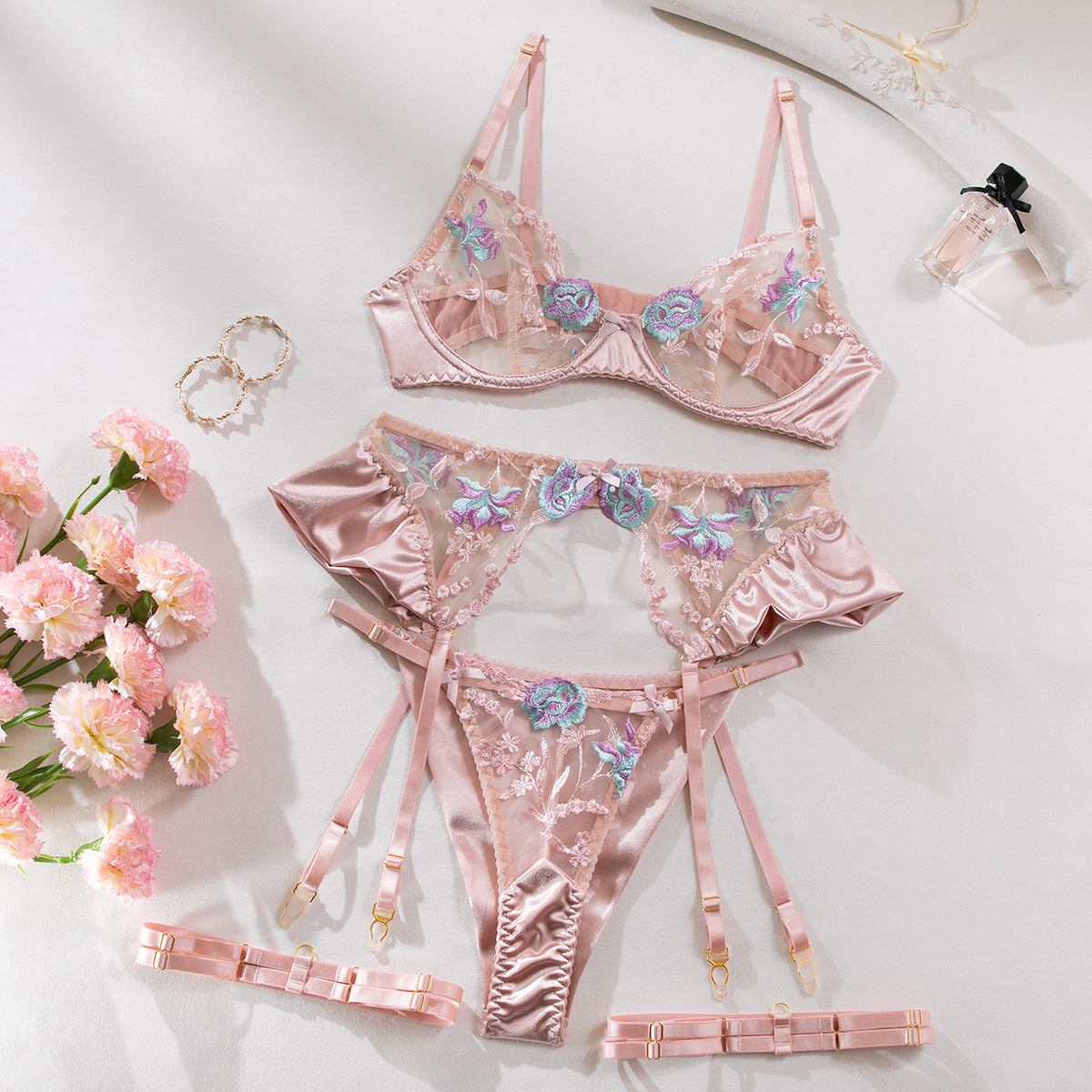 Light Purple Mercerized Embroidery Super Beautiful Lingerie Four-piece Set