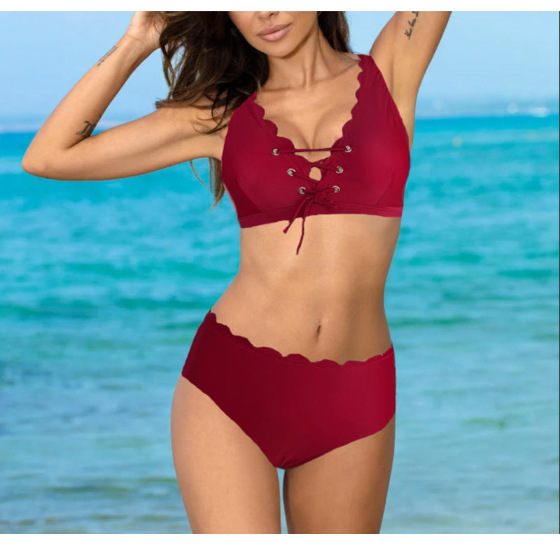 Women's Solid Color Gathering Split Swimsuit