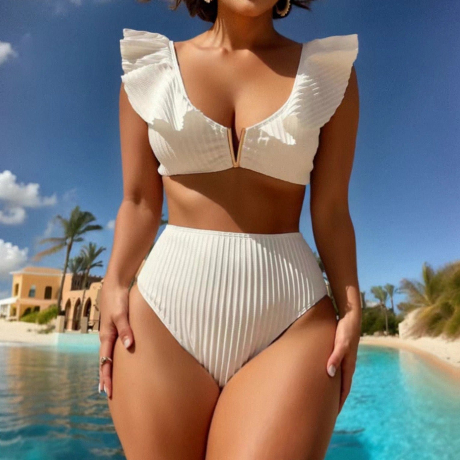 Solid Color Rib Fabric Ruffled Bikini - Peek A Boo Undies