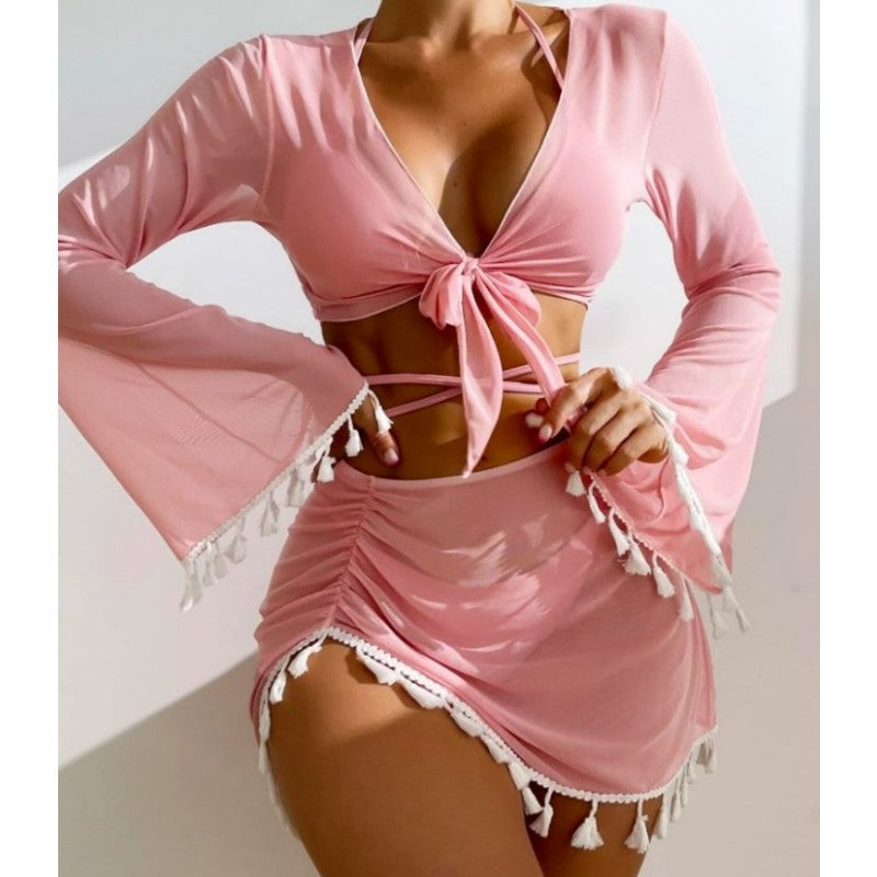 Conservative Four-piece Solid Color Tassel Blouse Mesh Skirt Bikini Swimsuit