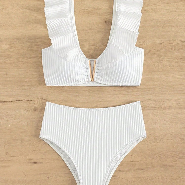 Solid Color Rib Fabric Ruffled Bikini - Peek A Boo Undies