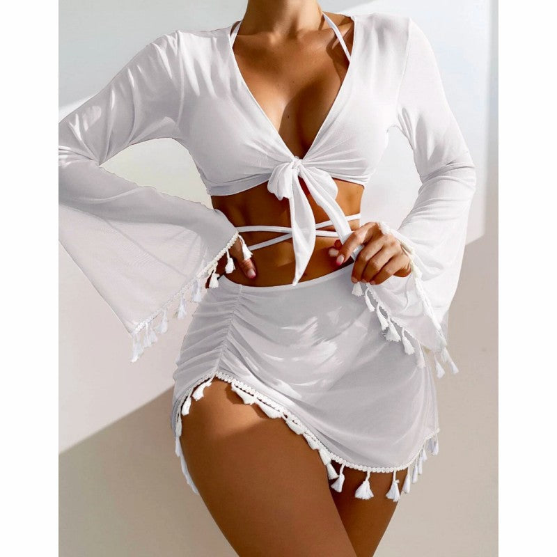 Conservative Four-piece Solid Color Tassel Blouse Mesh Skirt Bikini Swimsuit