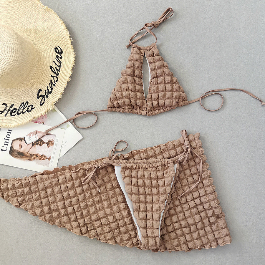 Bağcıklı Seersucker Üç Parçalı Bikini Kadın Mayo