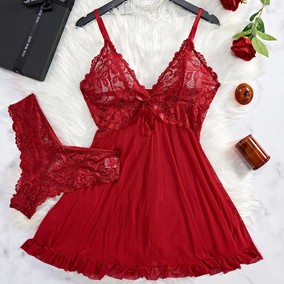 Sexy Lingerie Two-piece Lace Sling Light Mesh V-neck - Peek A Boo Undies