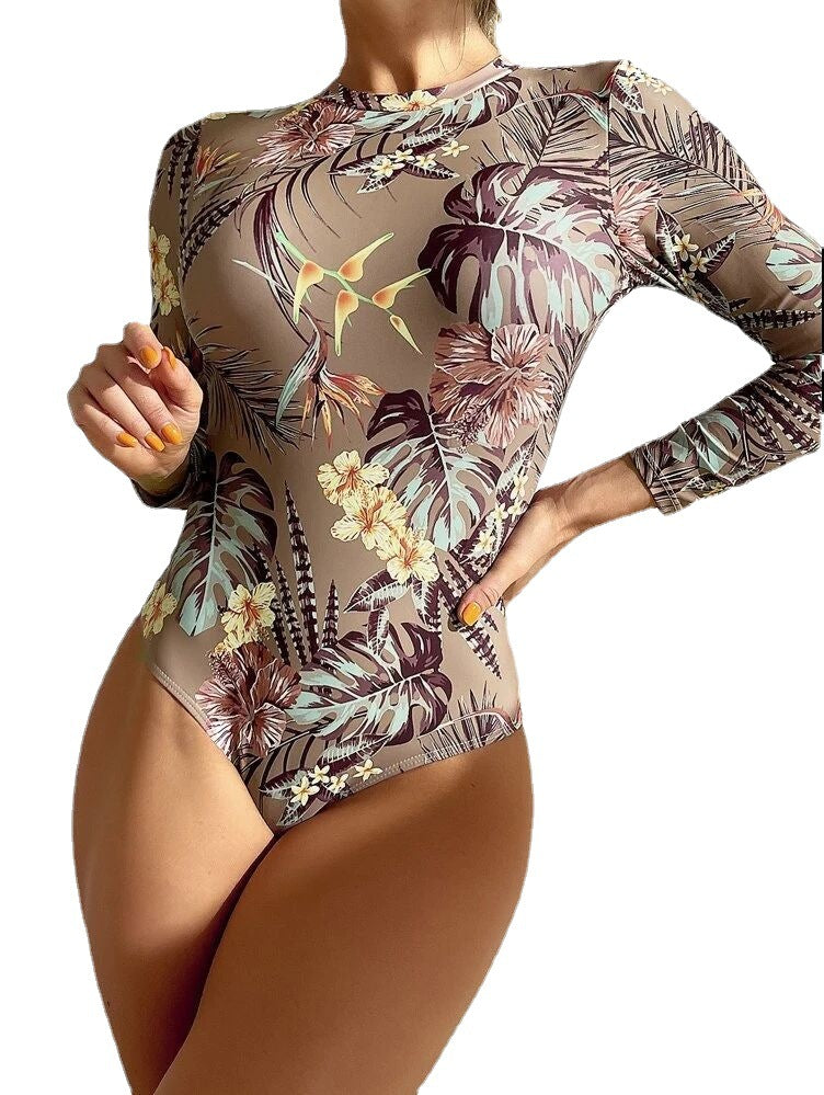 Women's Fashion Conservative Printed Long Sleeve One-piece Swimsuit