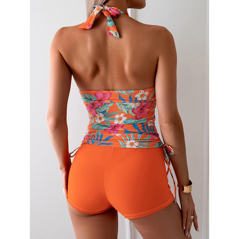 Women's Printed Swimsuit Backless Solid Color Shorts