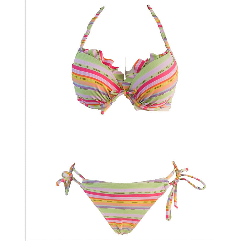 Colorful Striped Lace-up Beach Bikini Swimsuit