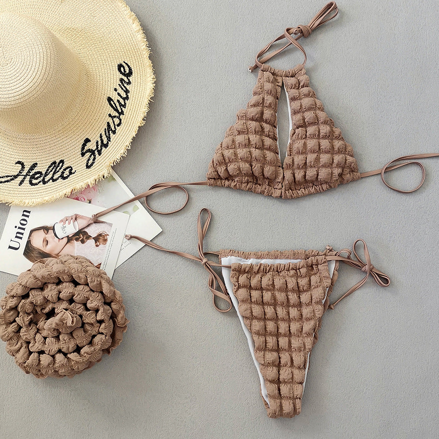 Bağcıklı Seersucker Üç Parçalı Bikini Kadın Mayo