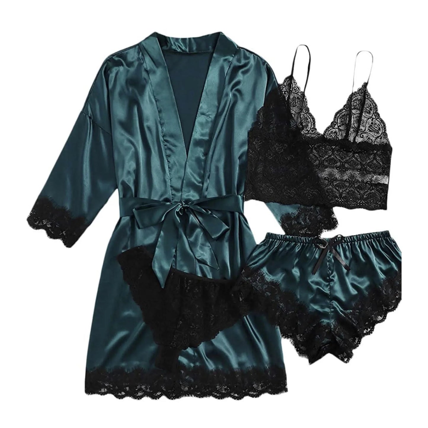 Women' Silk Satin Pajamas Set 4pcs Lingerie Floral Lace Sleepwear With Robe Nightgown Long