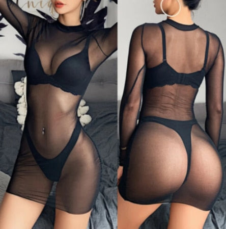 Sexy Women's Lingerie V-neck Mesh Lace Dress See-through High Waist XL Lingerie Sexy Lingerie Women's Pajamas Nightdress