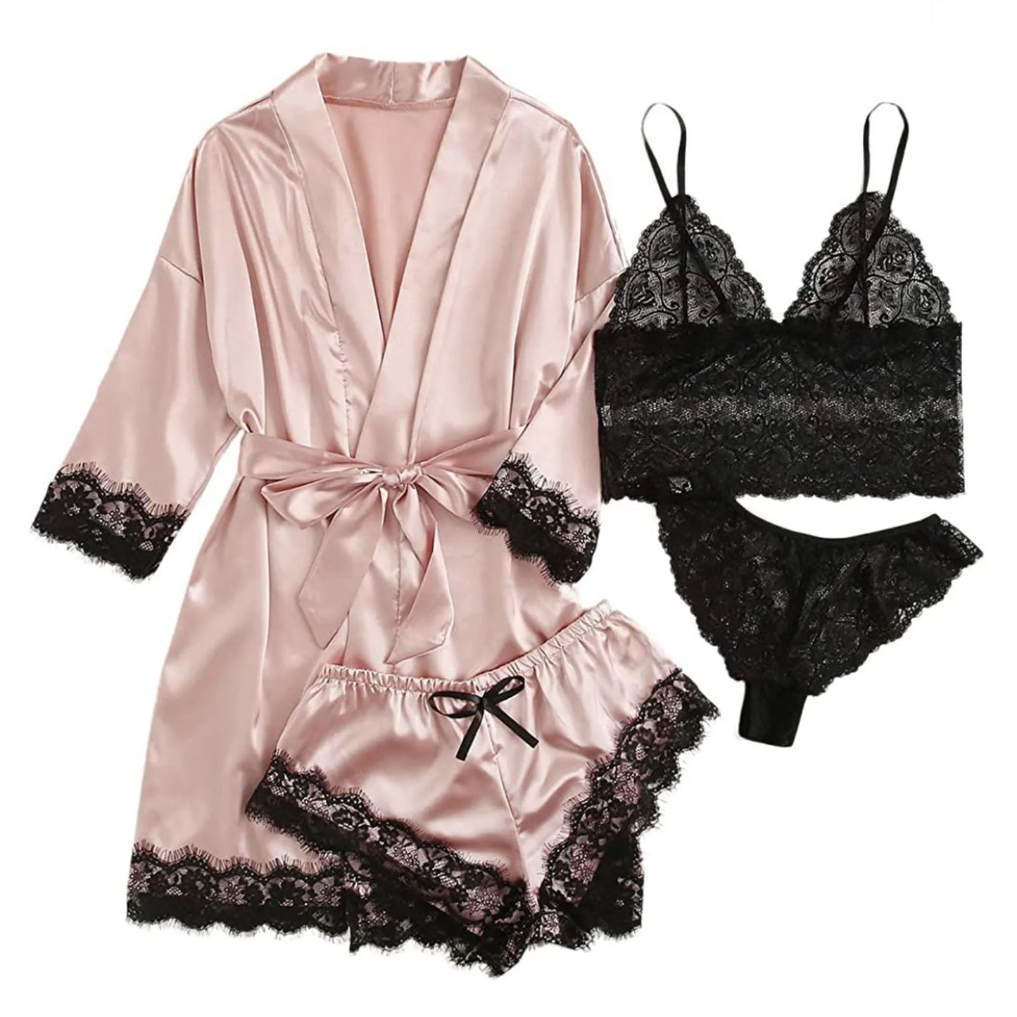 Women' Silk Satin Pajamas Set 4pcs Lingerie Floral Lace Sleepwear With Robe Nightgown Long