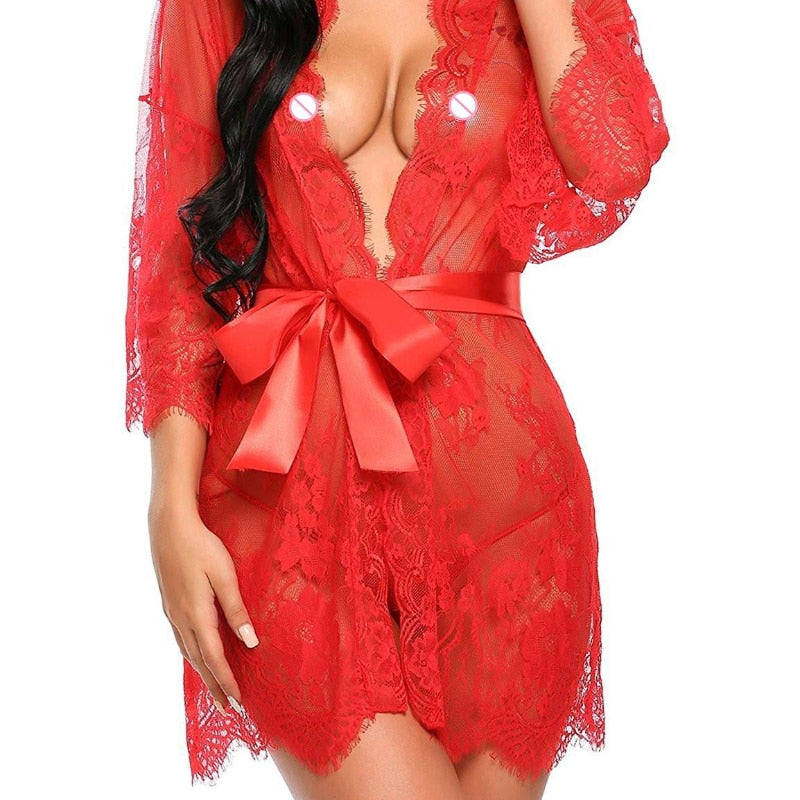 Sexy Women's Lingerie V-neck Mesh Lace Dress See-through High Waist XL Lingerie Sexy Lingerie Women's Pajamas Nightdress